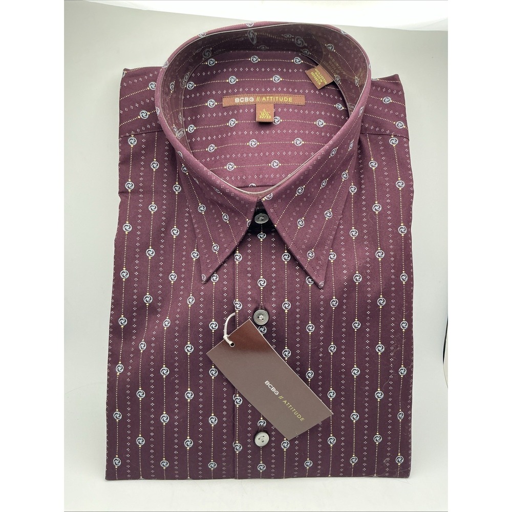 NWT  BCBG Attitude Men's Maroon Swirl Pattern L Dress Shirt 16.5 32/33 MSRP $49‎